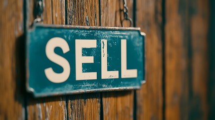 A rustic wooden sign prominently displays the word "SELL," suggesting a marketplace or business context.