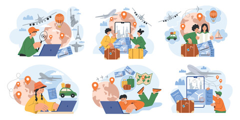 Fototapeta premium Tourists plan. Concept scenes of adventure trip organisation processes check in hotel buying tickets preparing map route recent vector templates