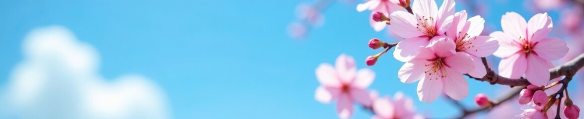 Obraz premium Bright blue sky with delicate cherry blossom flowers, spring, petals