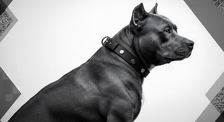 Monochrome muscular pitbull portrait - strength and obedience - modern pet blog/animal shelter promotion.