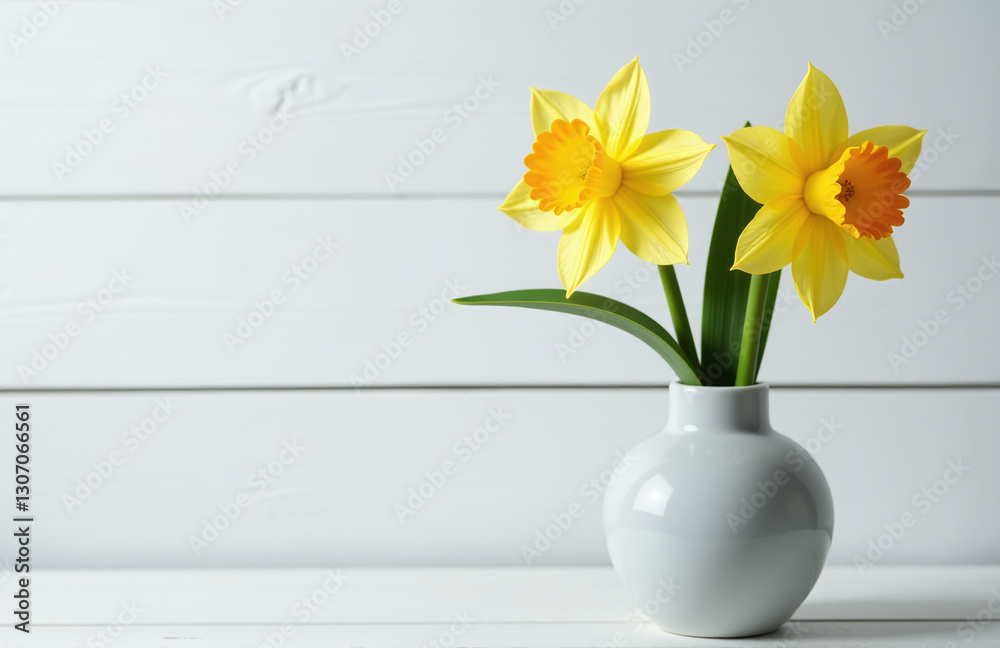 Aufkleber daffodil flower placed in a modern gray vase on a table with white wood shiplap and empty space to o