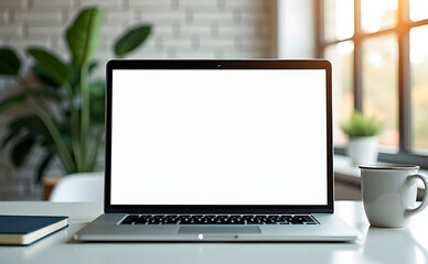 Mocap laptop with blank screen on a workspace, coffee cup and notebook, bright and inspiring environment