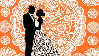 Elegant Mexican wedding silhouette against vibrant papel picado backdrop, romantic and festive atmosphere
