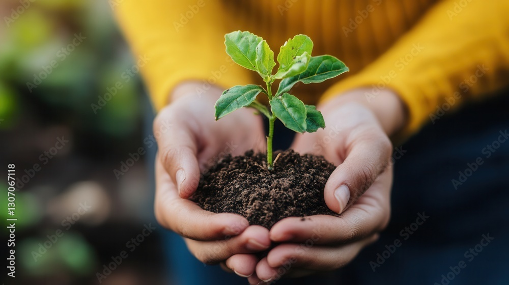 Poster hands holding a small plant nestled in soil while wearing a yellow sweater in a garden environment g