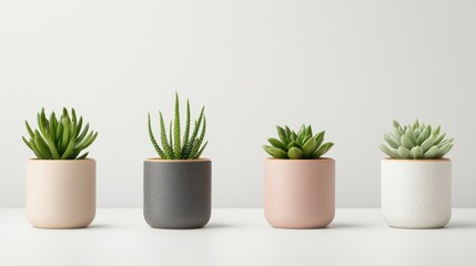 Stylish Arrangement of Four Modern Potted Succulents in Soft Pastel Colors on a Minimalist Background