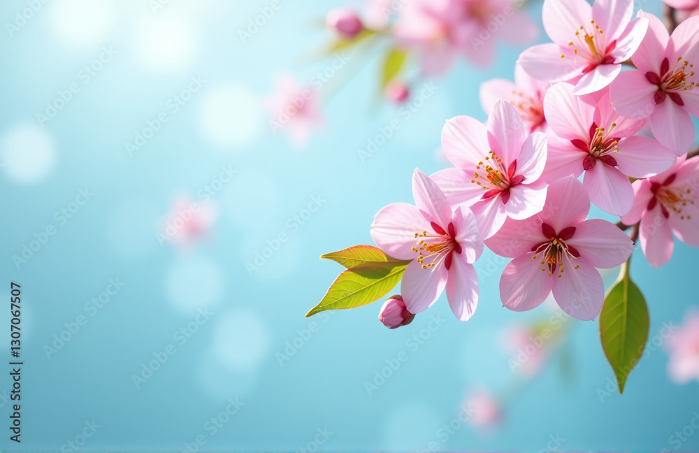 Poster colorful sakura blossoms on a light blue background with bokeh and a banner wishing a happy easter f