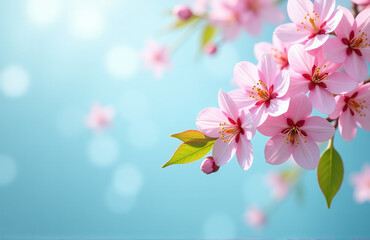 Obraz premium Colorful Sakura Blossoms On A Light Blue Background With Bokeh And A Banner Wishing A Happy Easter From Above.