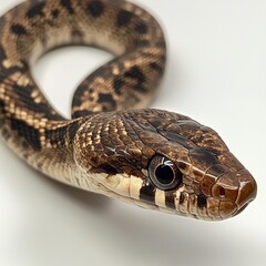 Fototapeta premium A snake's head tilts, eyeing forward with intent as its vividly speckled, brown-and-black body snakes rightward in sharp focus