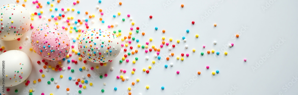 Aufkleber Colorful Eggshell Pattern Forms A Festive Design With Tiny Sugar Sprinkles On A Clean White Table With Empty Space Around It.