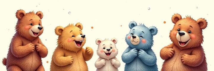 Obraz premium Background with hand-drawn bears in various poses and expressions, woodland, seamless