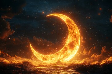 Fototapeta premium Fiery Orange Crescent Moon Amid Dark Clouds and Shimmering Ocean Waves