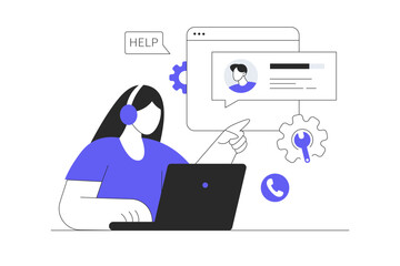 Technical support or customer service. Hotline consultant helps a customer providing them with valuable information. Flat Cartoon Vector Illustration, icon. Stylish abstract web