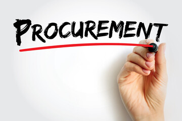 Procurement - process of finding and agreeing to terms, and acquiring goods, services, or works from an external source, text concept background