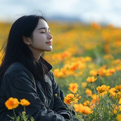 Naklejka premium Woman meditates in a yellow flower field