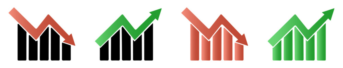 Graphic finance up down vector icon. Red green black  arrow chart graph. Market stock rate price grow and decline.