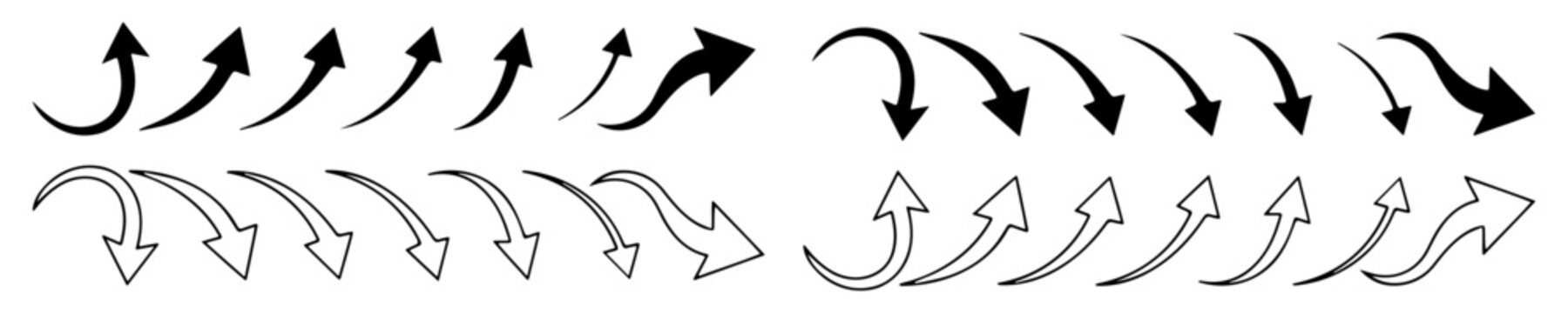 Downward and upward curved arrows  icons. Direction and flow symbols. Vector illustration isolated on white background. Solid and Line syle.