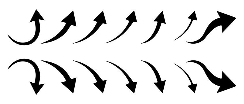 Downward and upward curved arrows  icons. Direction and flow symbols. Vector illustration isolated on white background. Solid syle.