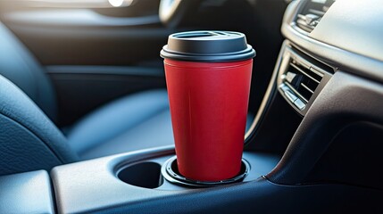 a cupholder inside a car, Coffee in disposable cup in car