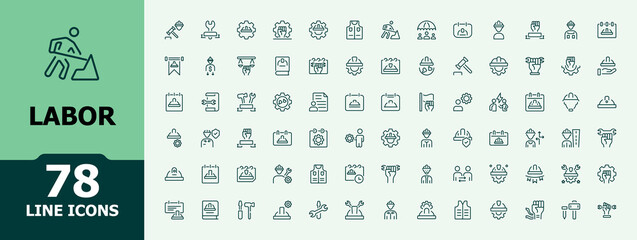 Labor icon set. Icons build, wage, insurance, equipment, engineer, work, builder, labour. UI icon set in a thin design. Minimalistic icon collections.