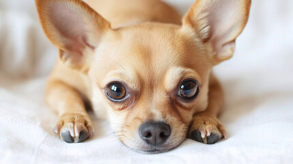 Obraz premium Adorable Chihuahua Puppy with Oversized Ears and Innocent Eyes on White Background