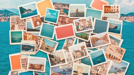 Vintage Travel Photos Collection Overlooking Beautiful Coastal Landscape with Water and Mountains