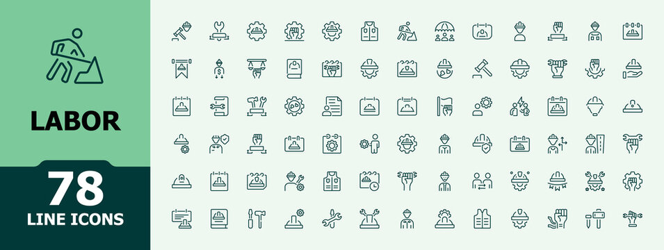 Labor icon set. Icons build, wage, insurance, equipment, engineer, work, builder, labour. UI icon set in a thin design. Minimalistic icon collections.