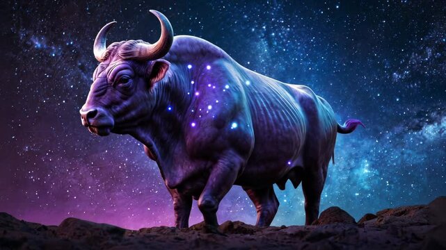 Zodiac sign Taurus. The Taurus zodiac symbol, horoscope sign lighting effect purple neon glow. 