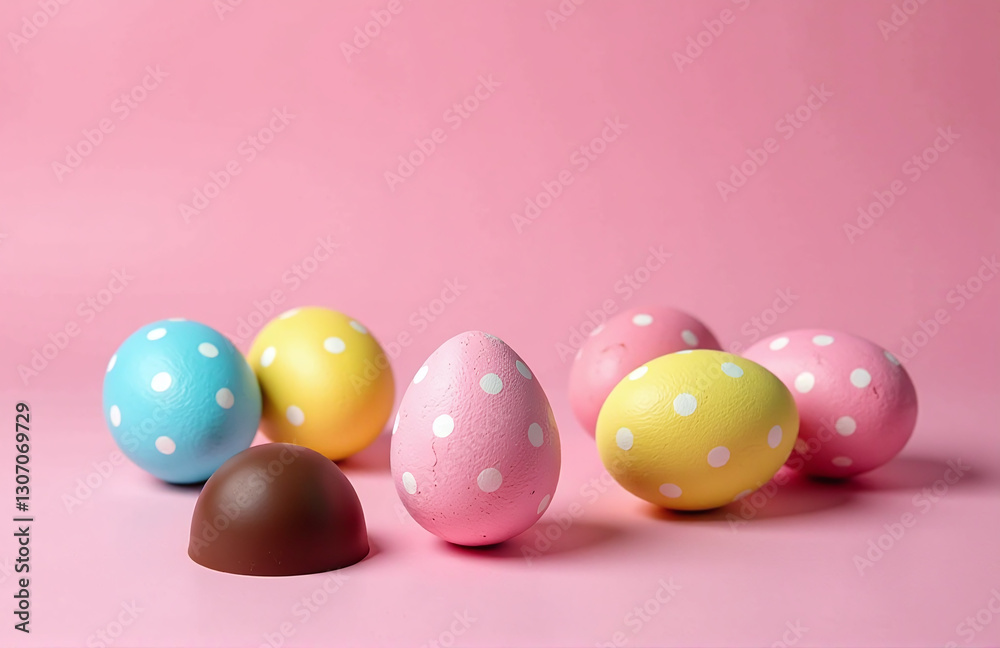 Poster colorful easter eggs and chocolate lie flat in a modern composition against a bright pink background