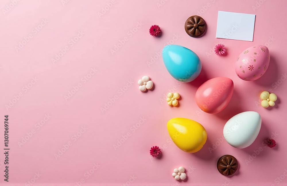 Poster colorful easter eggs and chocolate lie flat in a modern composition against a bright pink background