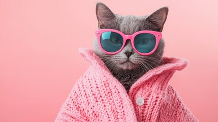 Stylish Cat in Pink Sweater and Sunglasses Against Soft Pink Background
