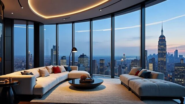 Luxury Modern House Interior. Modern apartment with a gorgeous view of the metropolis