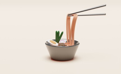 Meat noodle soup with vegetables, egg and brown meat in a  bowl. 3d illustration.