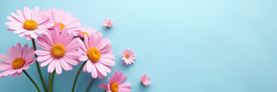 Aesthetic pink daisies on light blue background seamless pattern, feminine, wallpaper