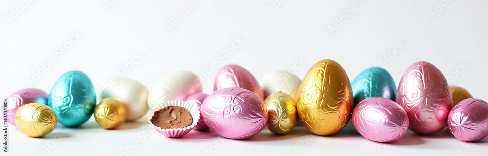 Poster chocolate eggs wrapped in bright foil are set against a clean white background as part of a colorful