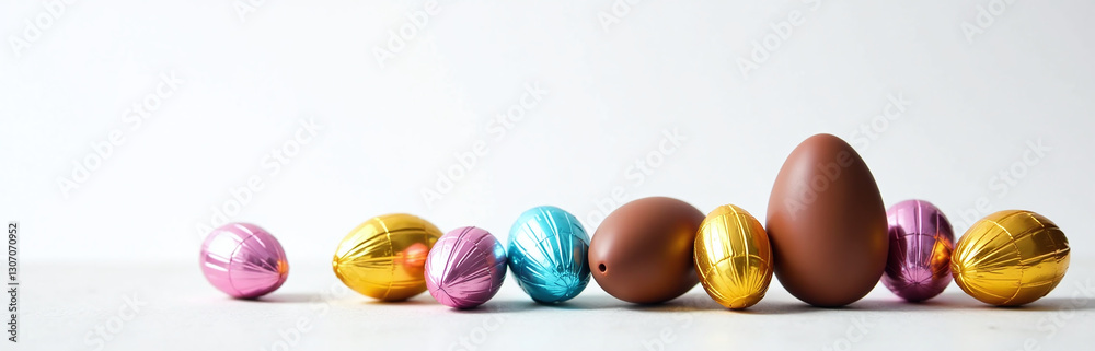 Poster Chocolate Eggs Wrapped In Bright Foil Are Set Against A Clean White Background As Part Of A Colorful Banner Design.