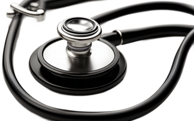 A stethoscope with black tubing and a silver chest piece, isolated on a empty plain background