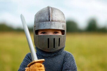 Young child dressed as a knight in armor holding a sword in outdoor field during daylight