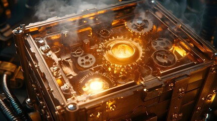 Intricate steampunk machinery with glowing gears and smoke, showcasing industrial innovation and creativity