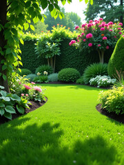 Fototapeta premium Beautiful Lawn Backgrounds Are Often Used In Gardening Design To Create A Visually Appealing Outdoor Space With Lush Vegetation.