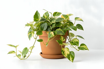 Fototapeta premium Trailing potos plant in a terracotta pot vibrant green and yellow leaves perfect for home or office decor