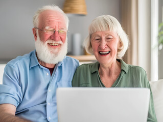 Fototapeta premium elderly couple sitting on the sofa, smiling and looking at their laptop in front of them. The man is wearing blue shirt with white hair and beard. He has glasses.