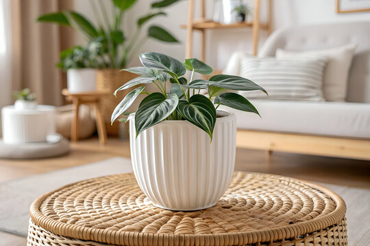 lush potos plant in a white ceramic pot, modern interior decor perfect for home office and indoor gardening