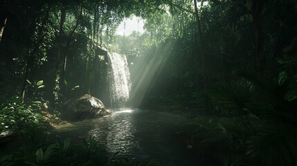 Obraz premium Hidden waterfall deep in a tropical jungle, sunlight filtering through leaves, peaceful and vibrant, cinematic and serene, highly detailed and calming