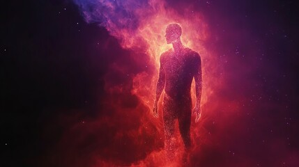 Fototapeta premium Human silhouette dissolving into floating particles, abstract and cosmic, highly detailed and futuristic, vibrant and surreal, dynamic and powerful