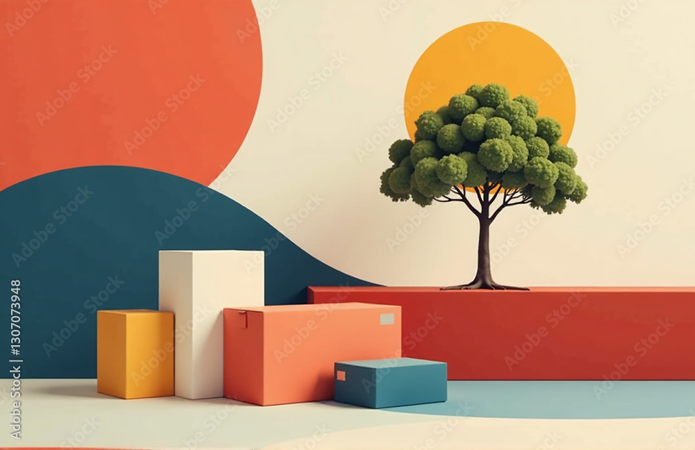 Aufkleber Abstract Design Featuring Minimalist Boxes And A Tree On A Colorful Background With Geometric Forms.