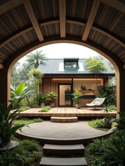 Fototapeta premium Rustic Wooden Patio with Inviting Bench Surrounded by Lush Greenery Creating a Cozy Relaxing Space