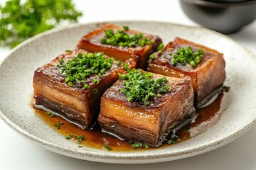 Braised pork belly isolated on white background 