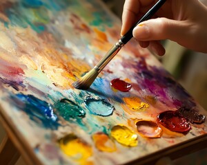 Fototapeta premium A vibrant painting palette with a hand holding a brush, illustrating creative expression.