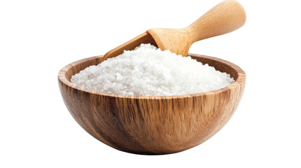 salt in a wooden bowl and scoop isolated on white background
