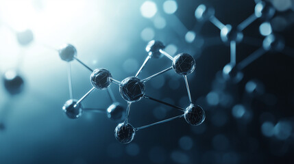 Highly detailed 3D molecular composition with refractive glass-like spheres and minimalistic connectors, showcasing atomic bonding and pharmaceutical science in a modern artistic s